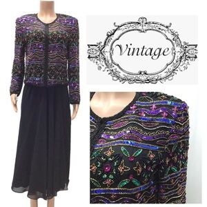 Vintage Papell Boutique Evening 2pc Black Silk Sequin Top & Skirt Set